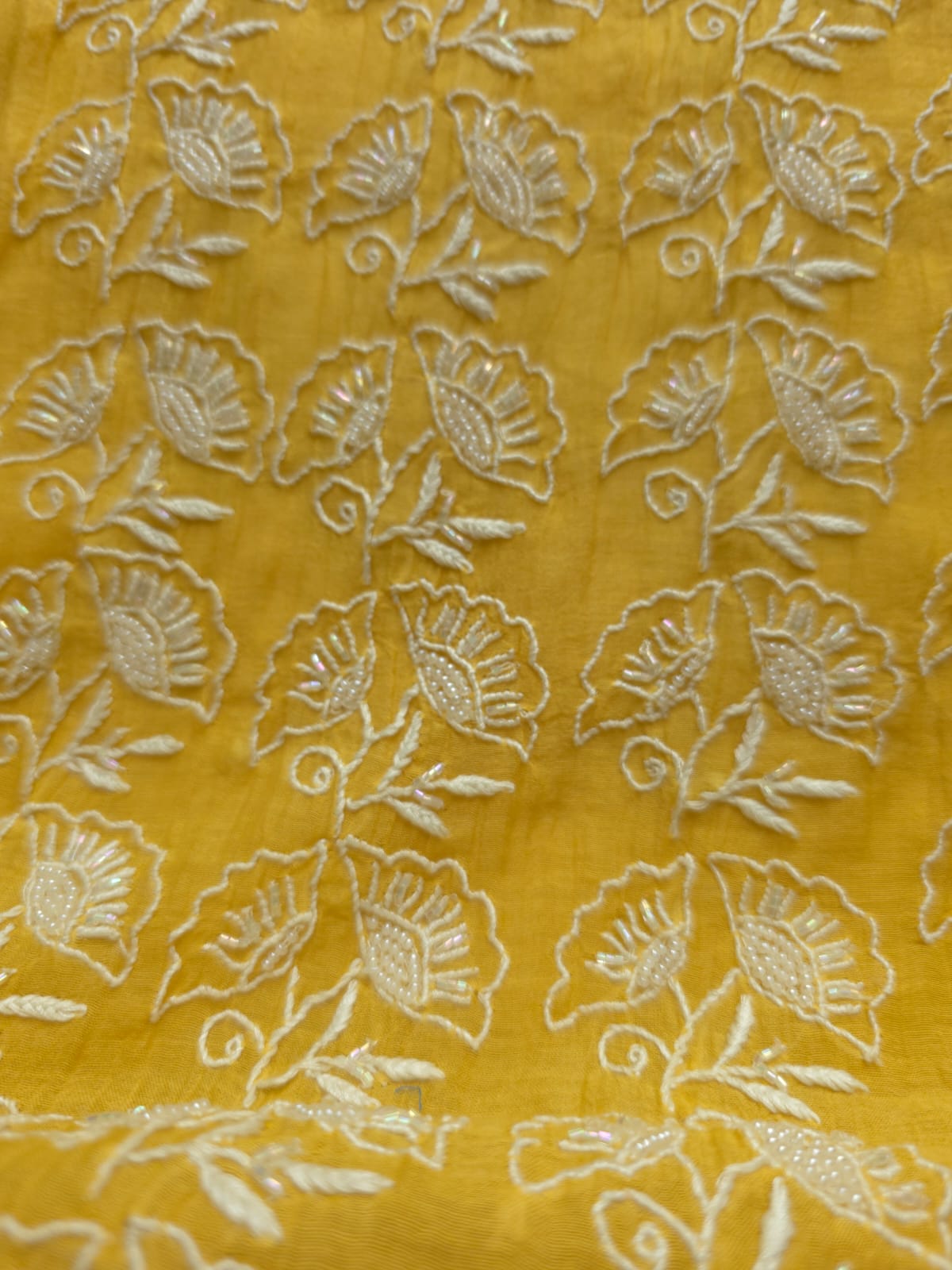 Yellow Mul chanderi Semistitched Kurta dupatta with lucknowi work and add on