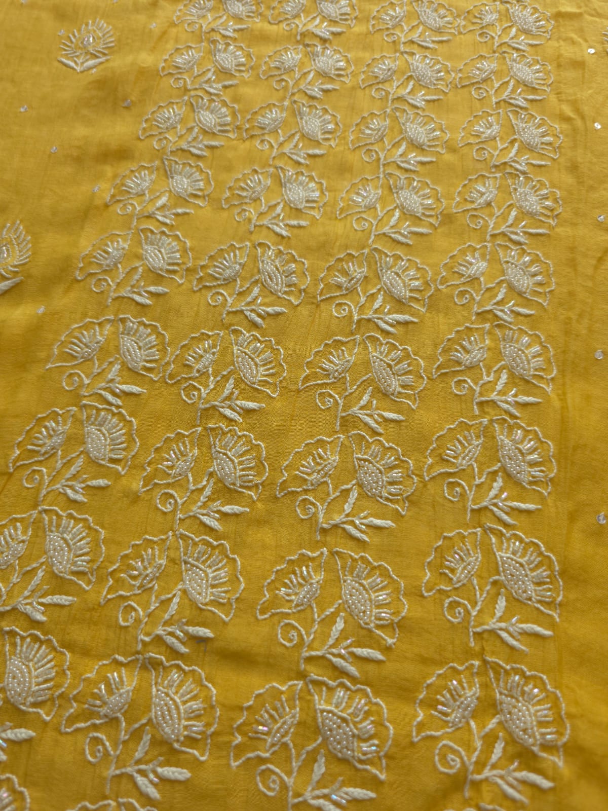 Yellow Mul chanderi Semistitched Kurta dupatta with lucknowi work and add on