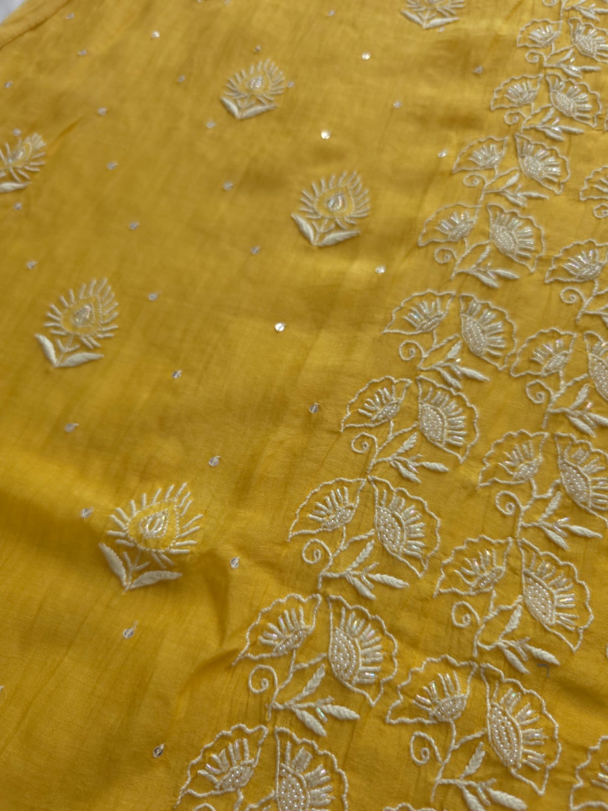 Yellow Mul chanderi Semistitched Kurta dupatta with lucknowi work and add on