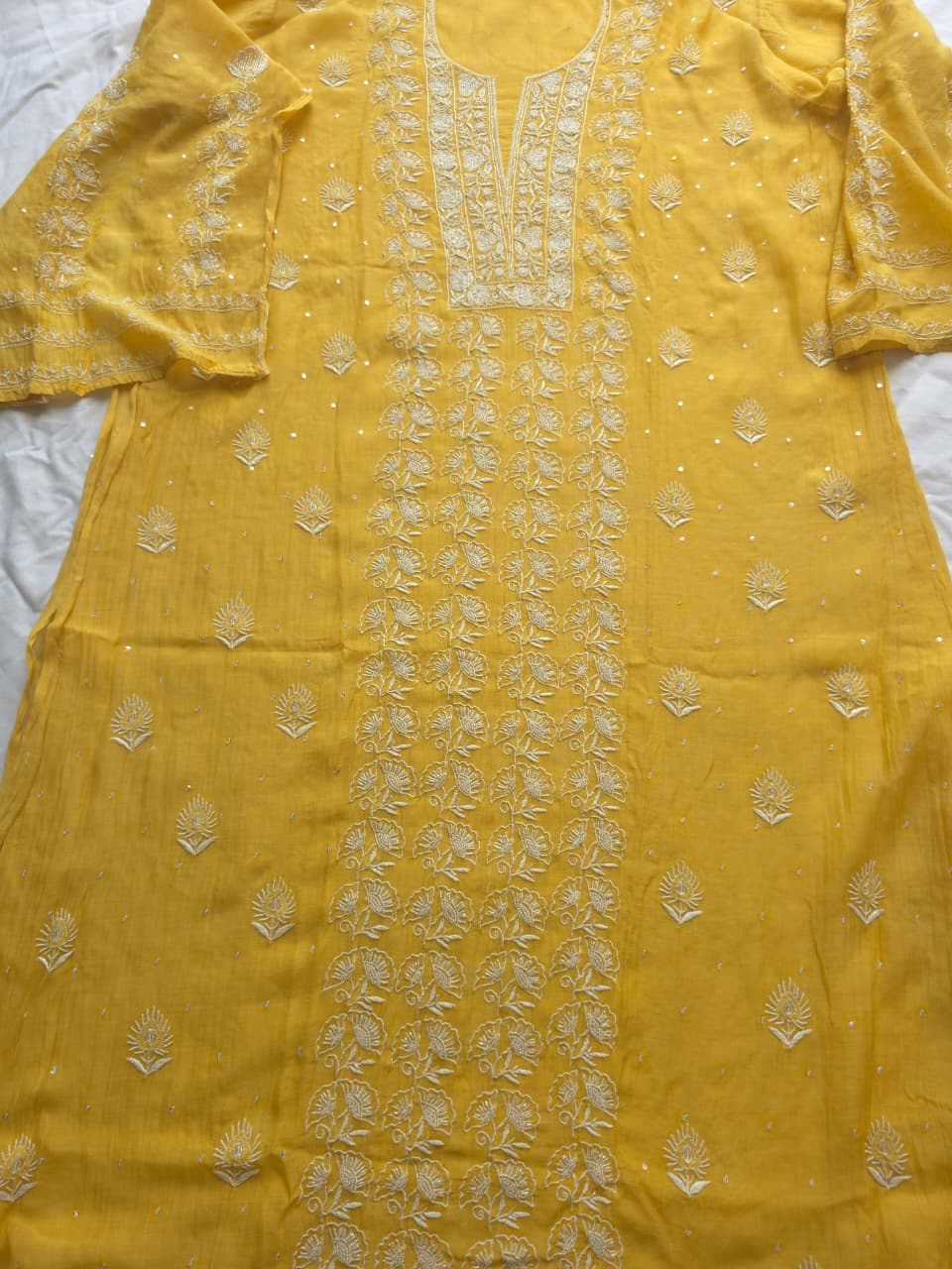 Yellow Mul chanderi Semistitched Kurta dupatta with lucknowi work and add on