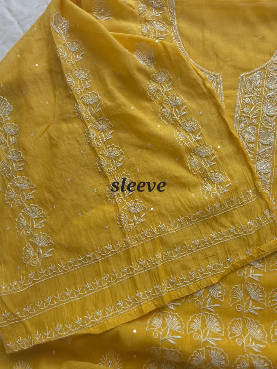Yellow Mul chanderi Semistitched Kurta dupatta with lucknowi work and add on