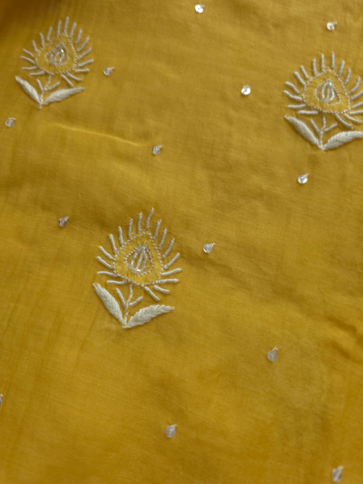 Yellow Mul chanderi Semistitched Kurta dupatta with lucknowi work and add on
