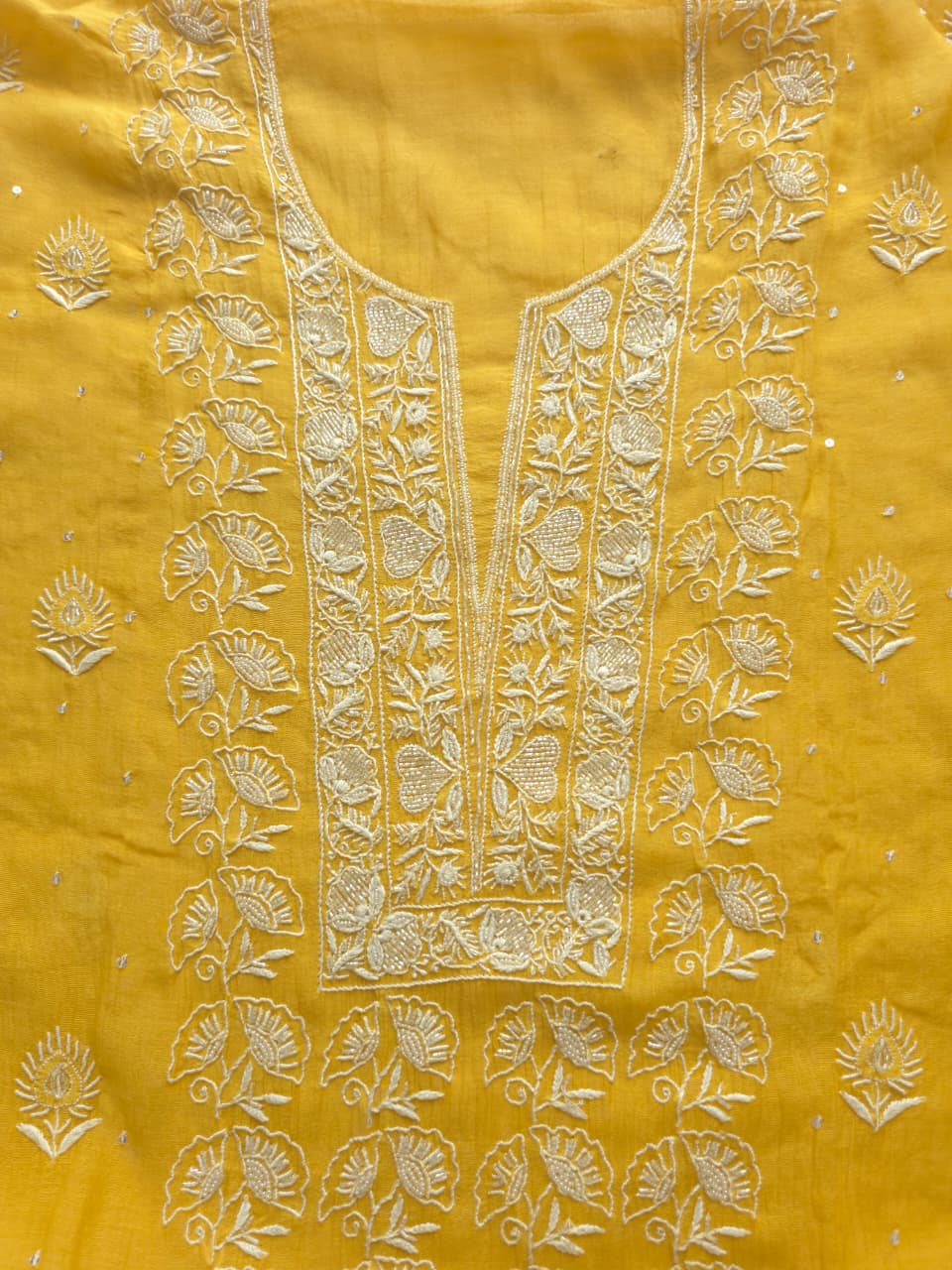 Yellow Mul chanderi Semistitched Kurta dupatta with lucknowi work and add on