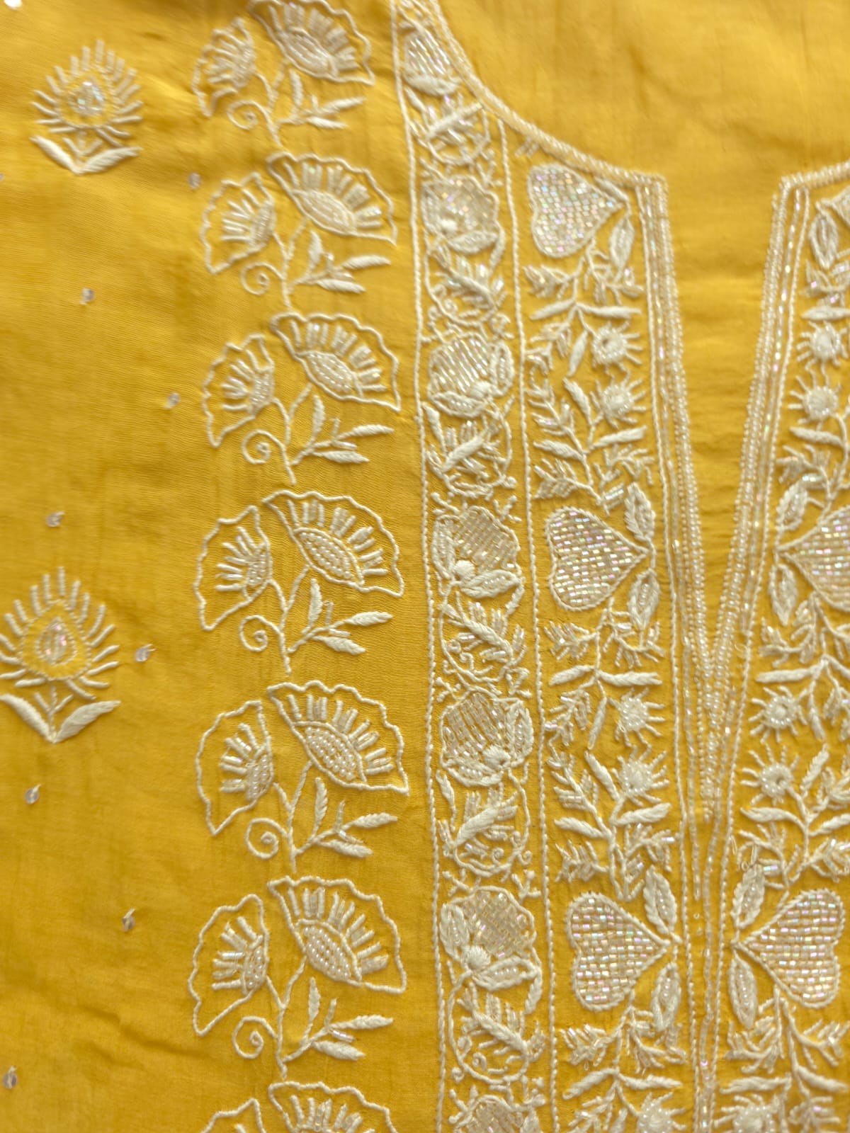 Yellow Mul chanderi Semistitched Kurta dupatta with lucknowi work and add on