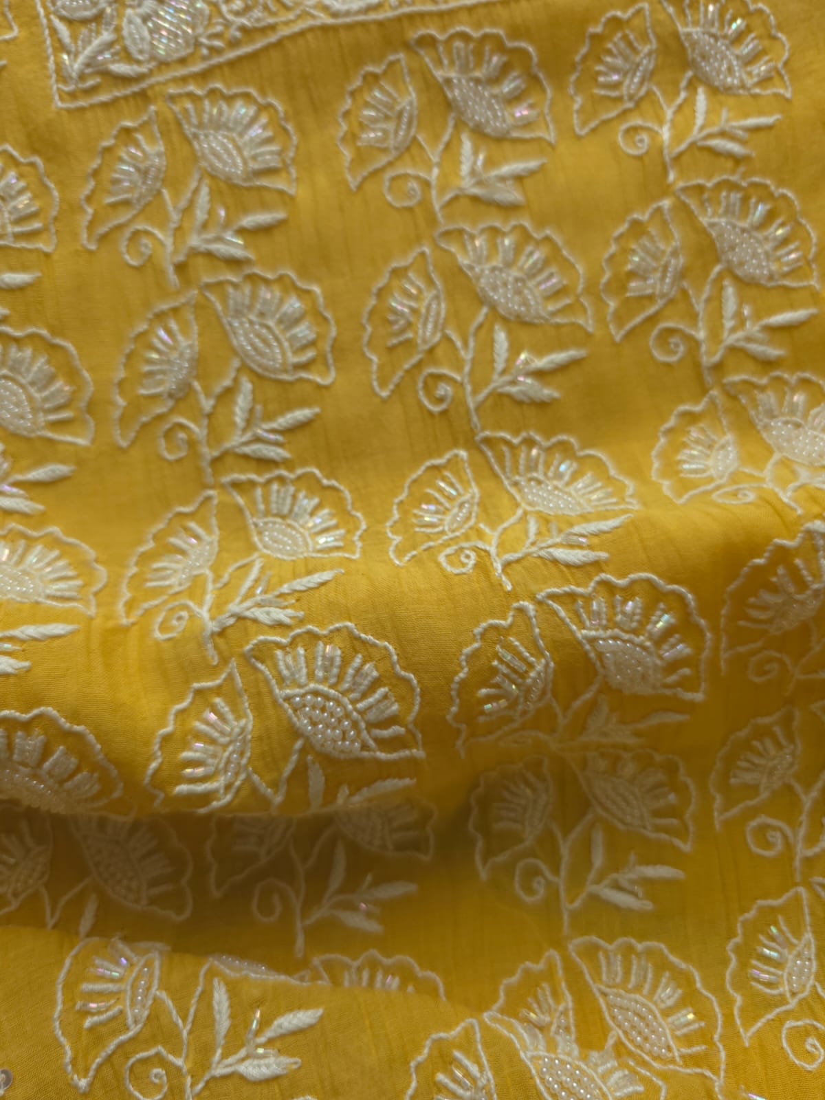 Yellow Mul chanderi Semistitched Kurta dupatta with lucknowi work and add on