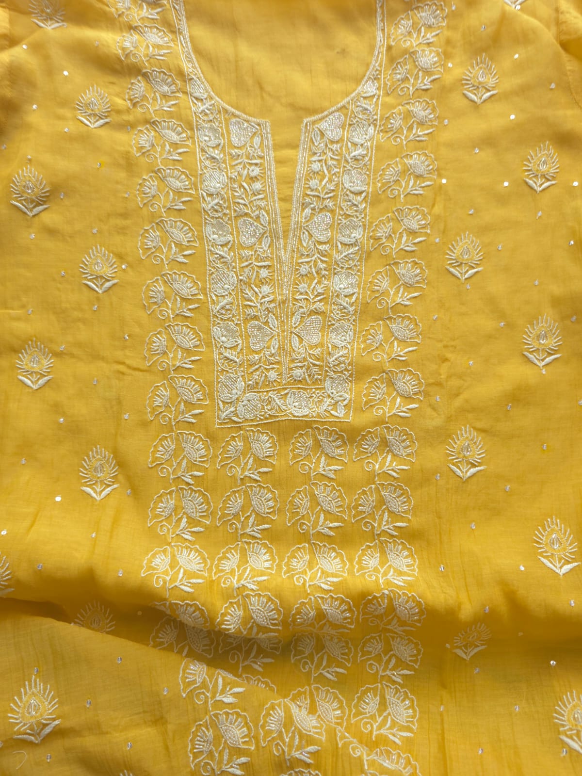 Yellow Mul chanderi Semistitched Kurta dupatta with lucknowi work and add on
