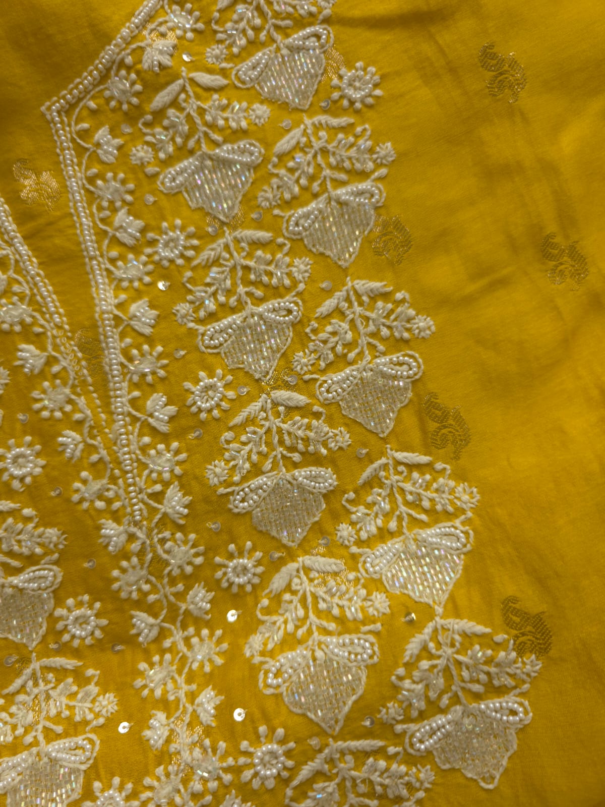 Golden yellow Chanderi silk so ord set with hand embroidery