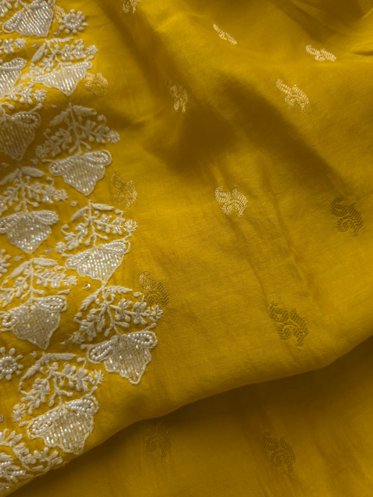 Golden yellow Chanderi silk so ord set with hand embroidery