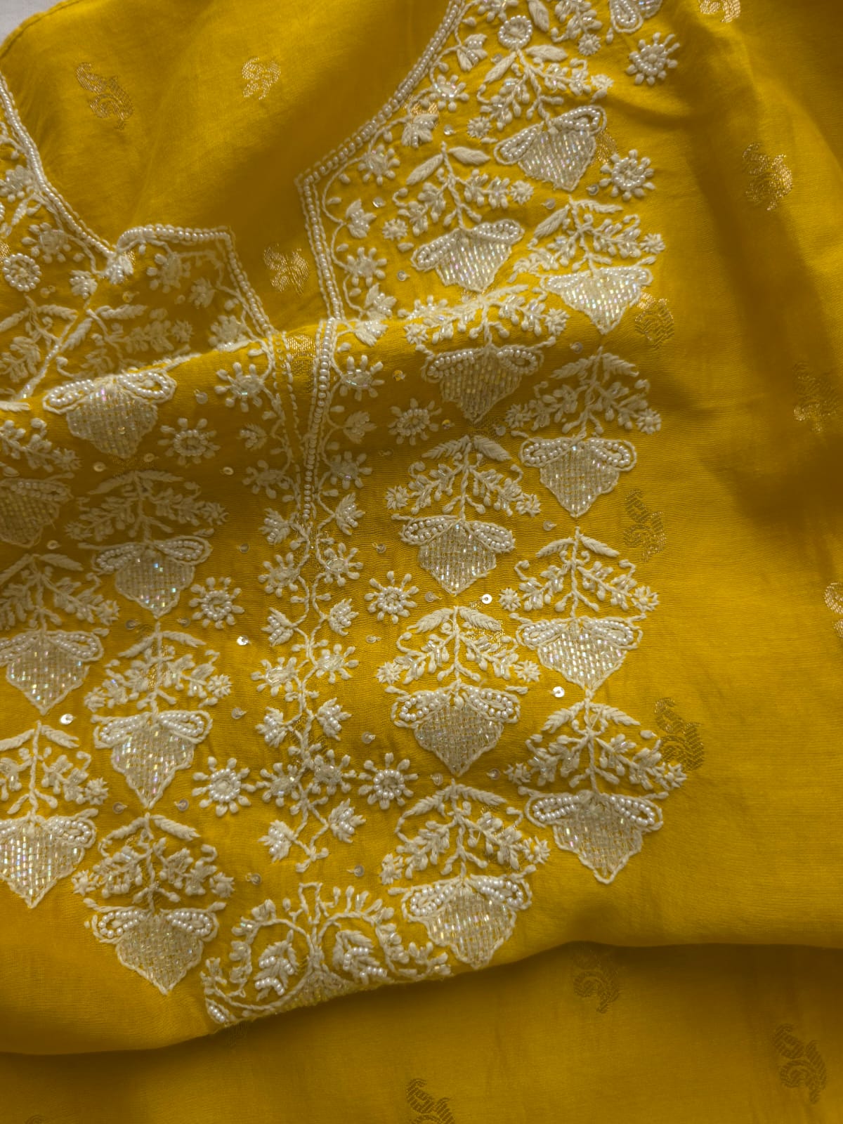 Golden yellow Chanderi silk so ord set with hand embroidery