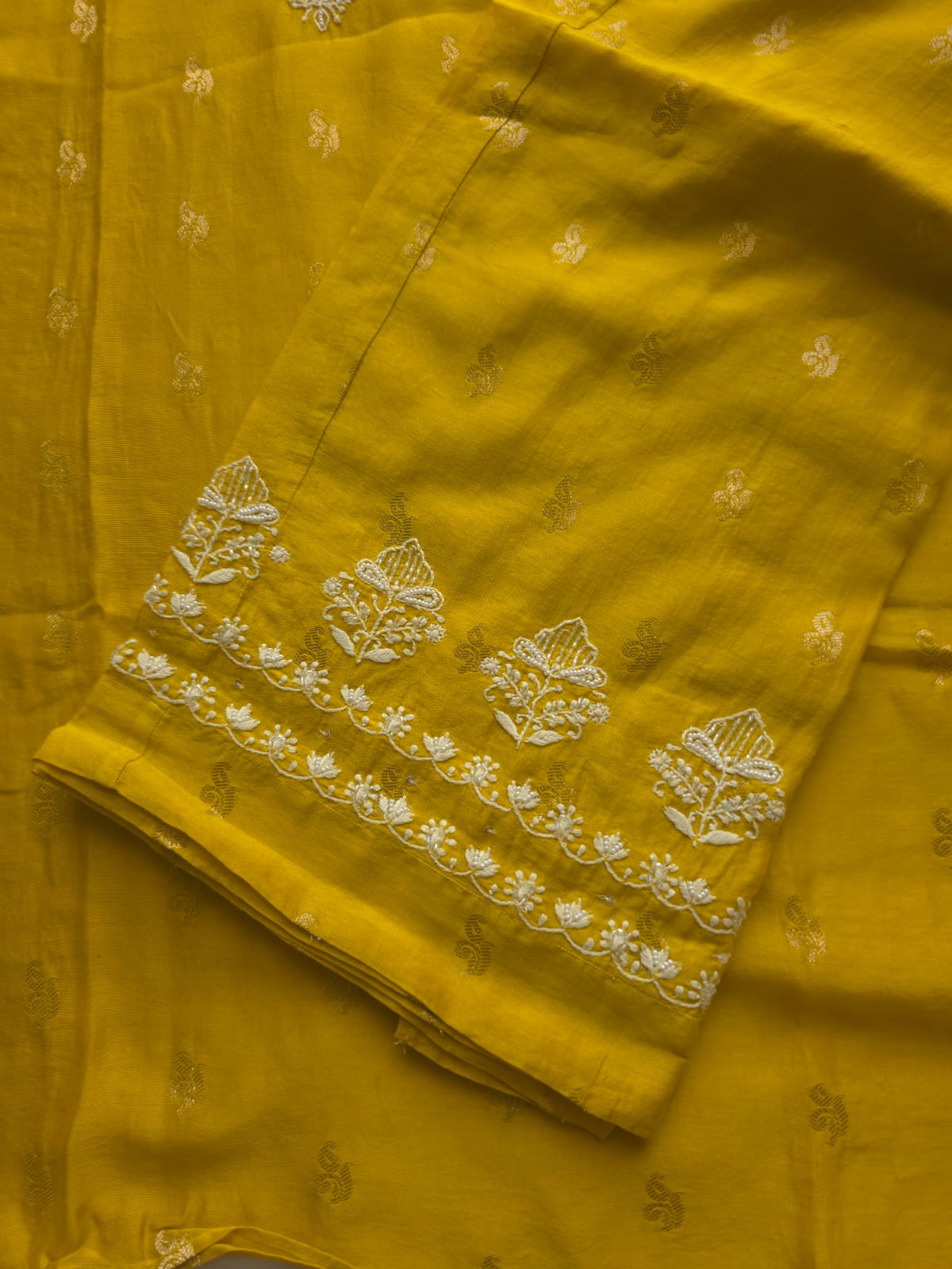 Golden yellow Chanderi silk so ord set with hand embroidery