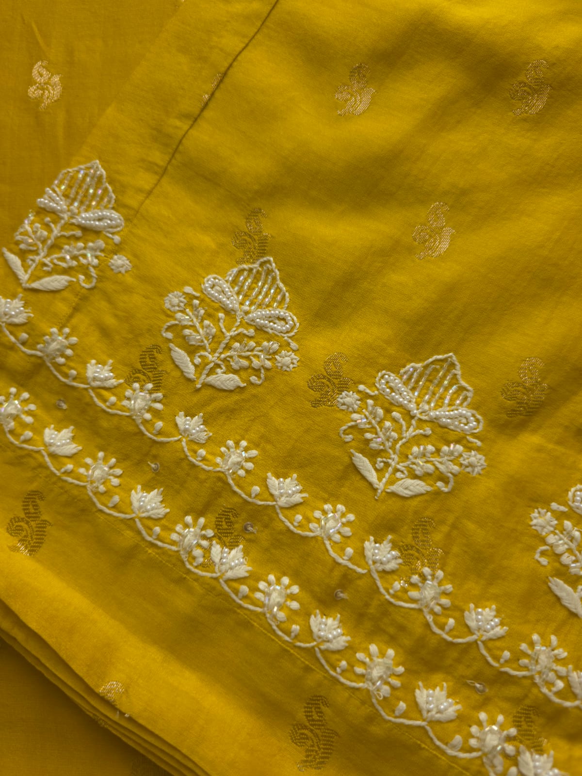 Golden yellow Chanderi silk so ord set with hand embroidery