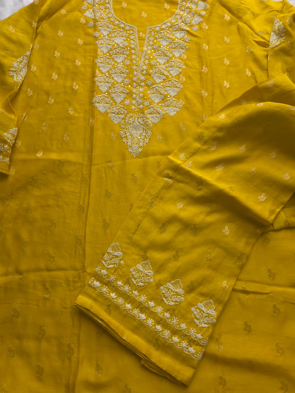 Golden yellow Chanderi silk so ord set with hand embroidery