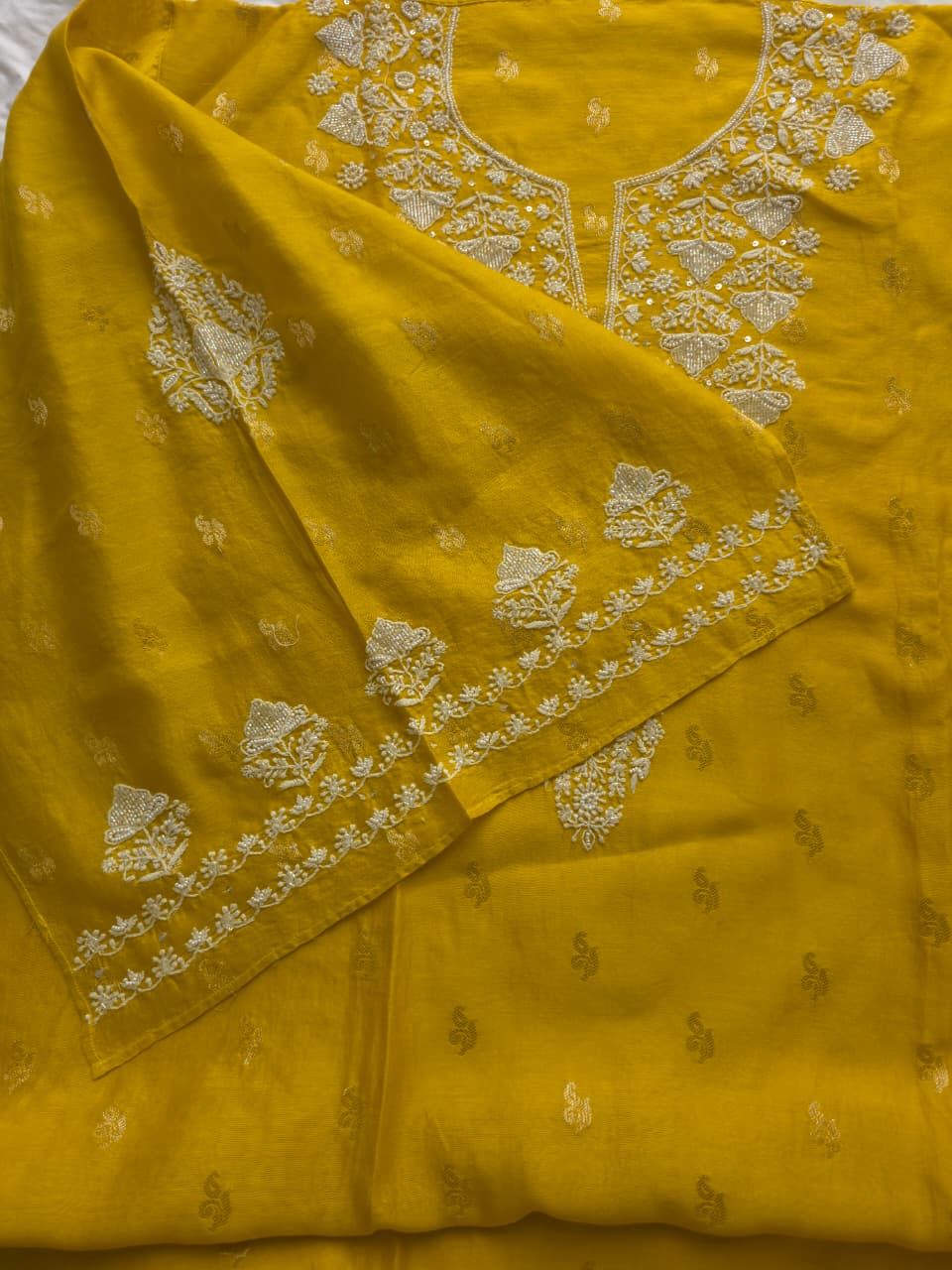 Golden yellow Chanderi silk so ord set with hand embroidery