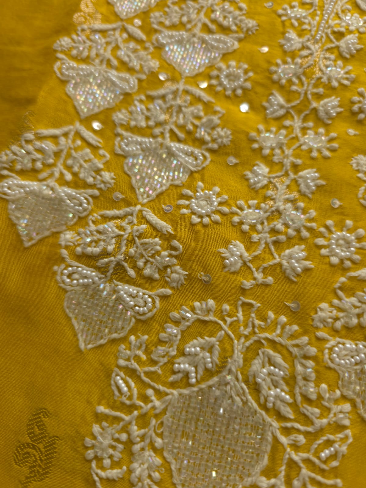 Golden yellow Chanderi silk so ord set with hand embroidery