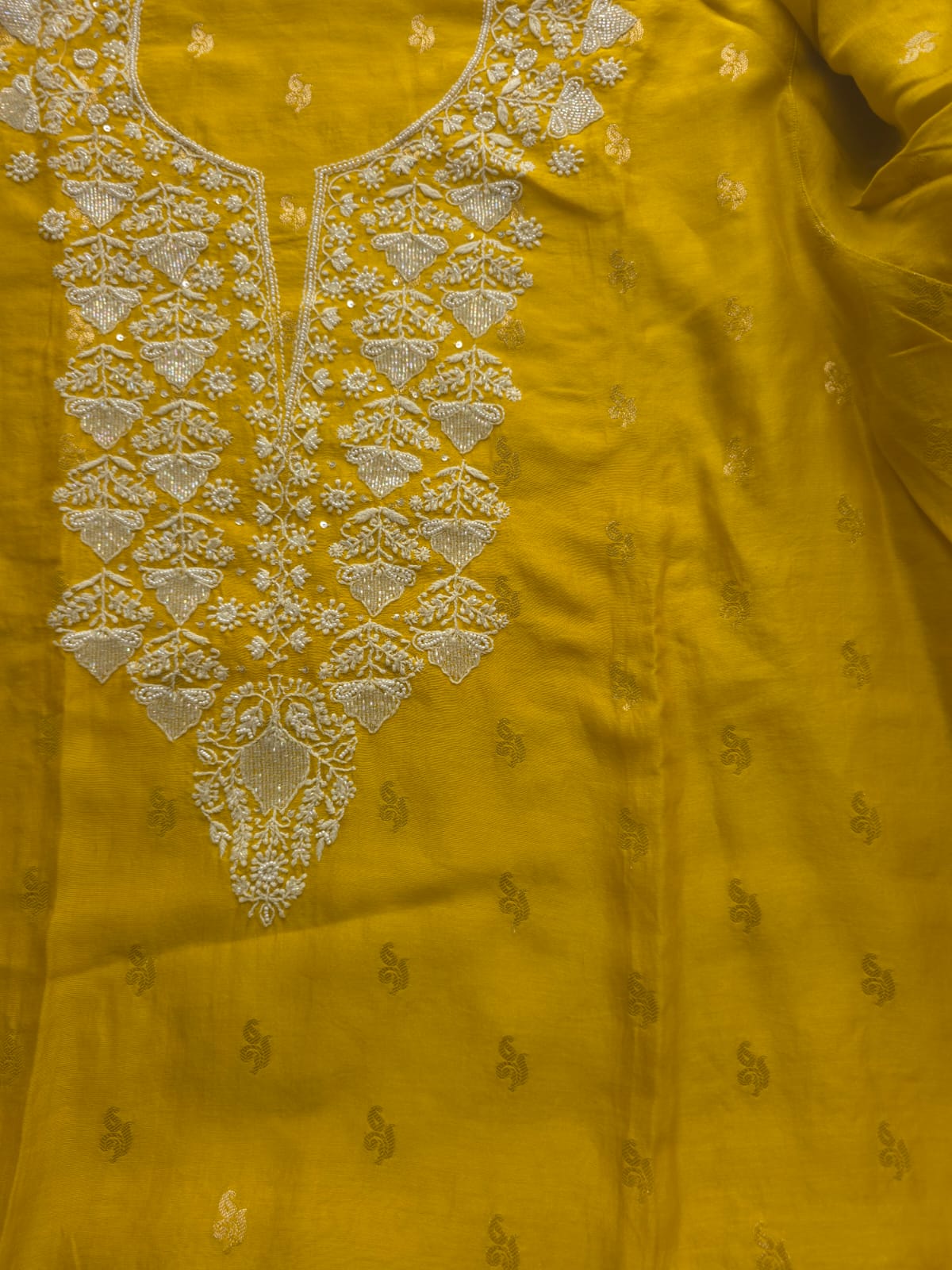 Golden yellow Chanderi silk so ord set with hand embroidery