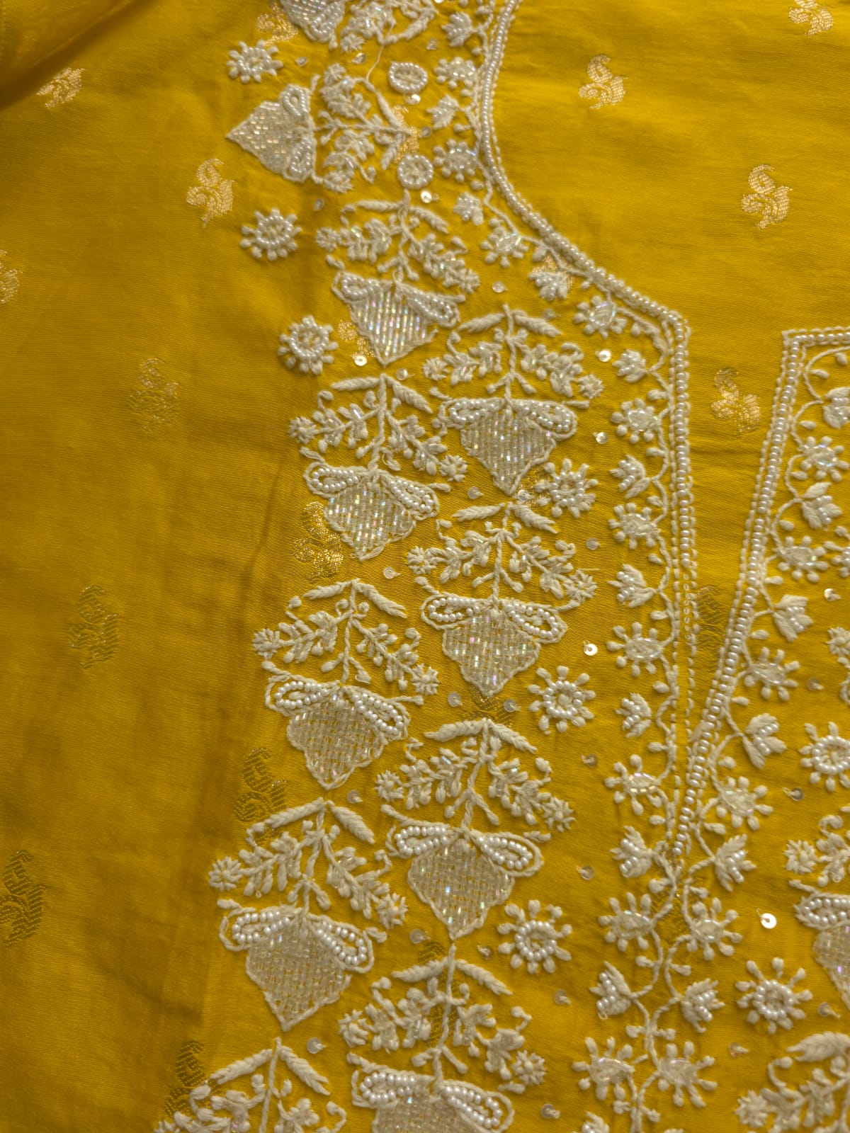 Golden yellow Chanderi silk so ord set with hand embroidery