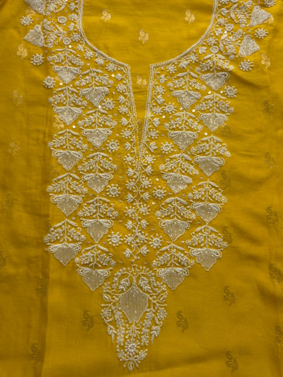 Golden yellow Chanderi silk so ord set with hand embroidery