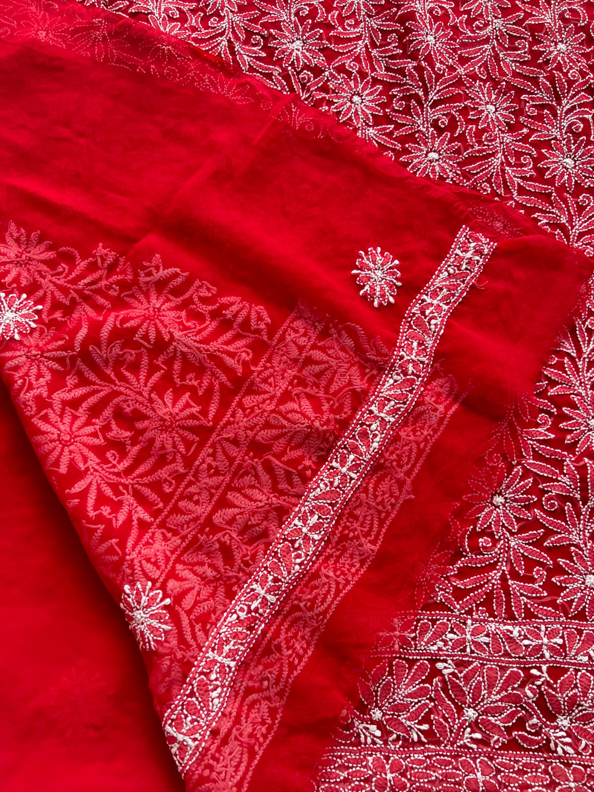 Red Georgette Full suit with Intricate Floral jaalwork