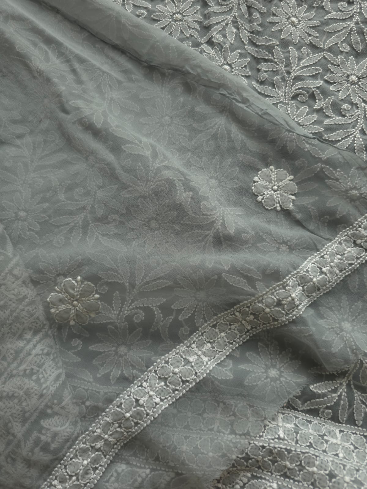 Grey Georgette unstitched full set with fine chikankari Jaalwork