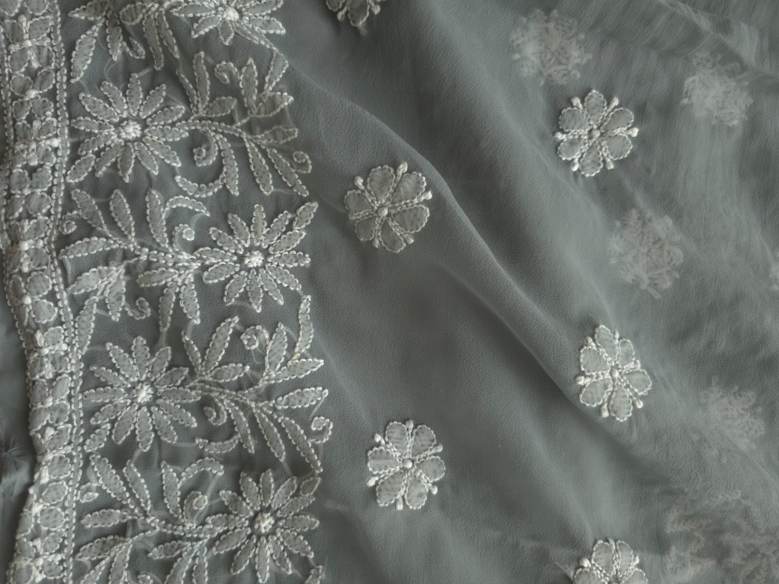 Grey Georgette unstitched full set with fine chikankari Jaalwork