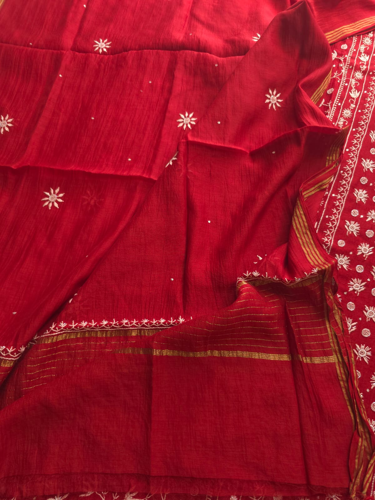 Deep Blood Red semistitched Mul chanderi Kurta and Dupatta set with Embellishments