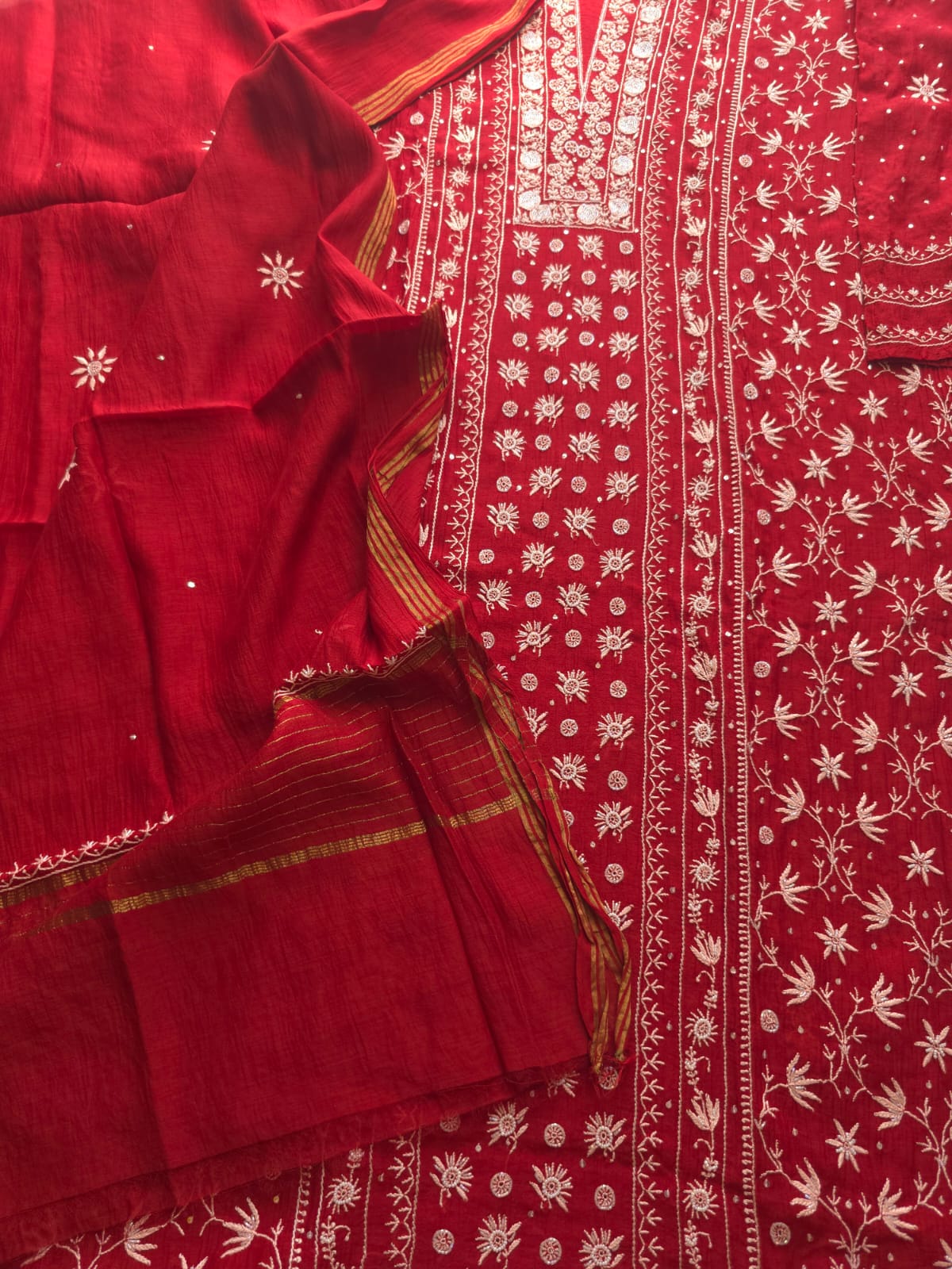 Deep Blood Red semistitched Mul chanderi Kurta and Dupatta set with Embellishments