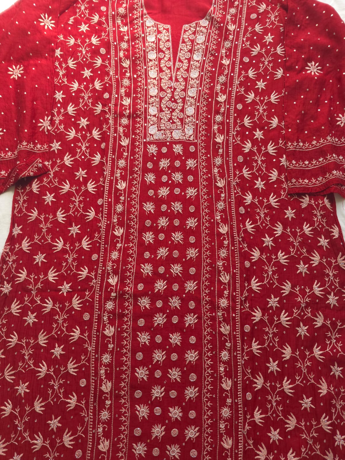 Deep Blood Red semistitched Mul chanderi Kurta and Dupatta set with Embellishments