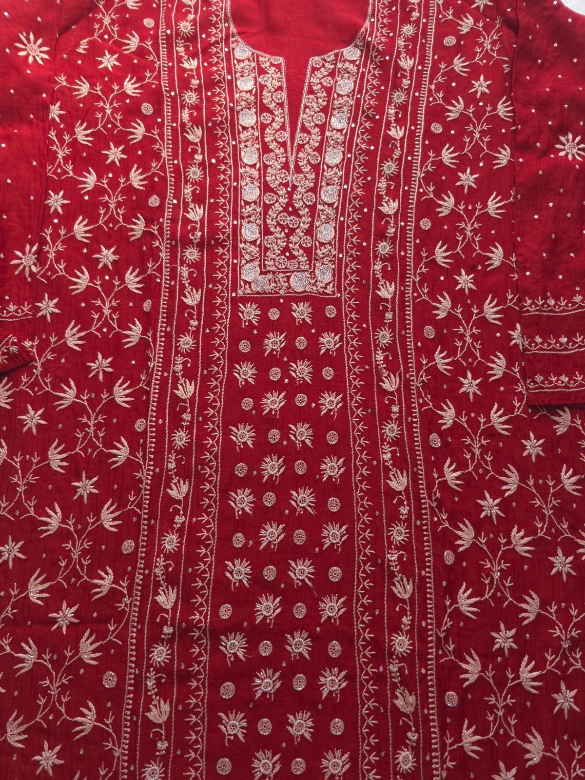 Deep Blood Red semistitched Mul chanderi Kurta and Dupatta set with Embellishments