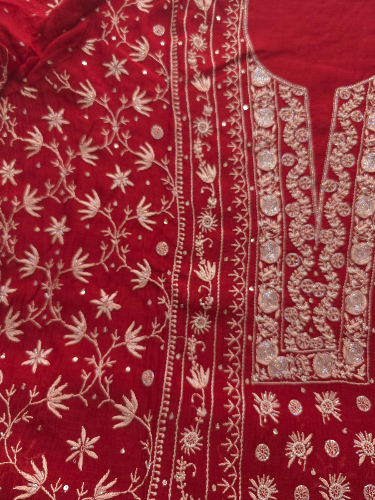 Deep Blood Red semistitched Mul chanderi Kurta and Dupatta set with Embellishments