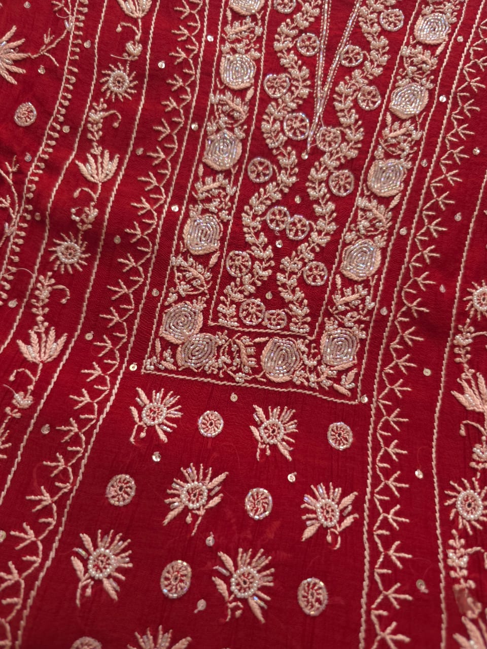 Deep Blood Red semistitched Mul chanderi Kurta and Dupatta set with Embellishments