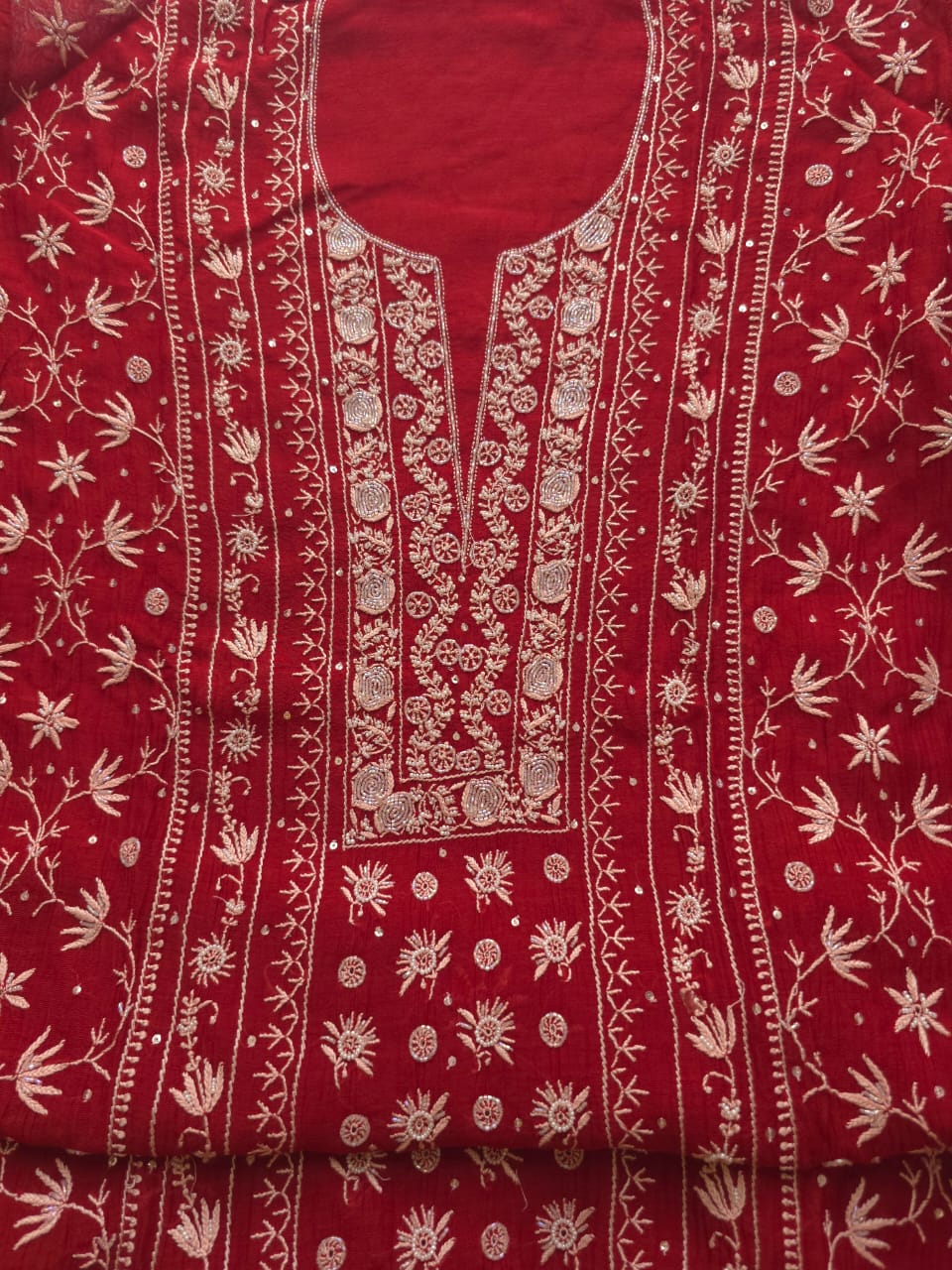 Deep Blood Red semistitched Mul chanderi Kurta and Dupatta set with Embellishments