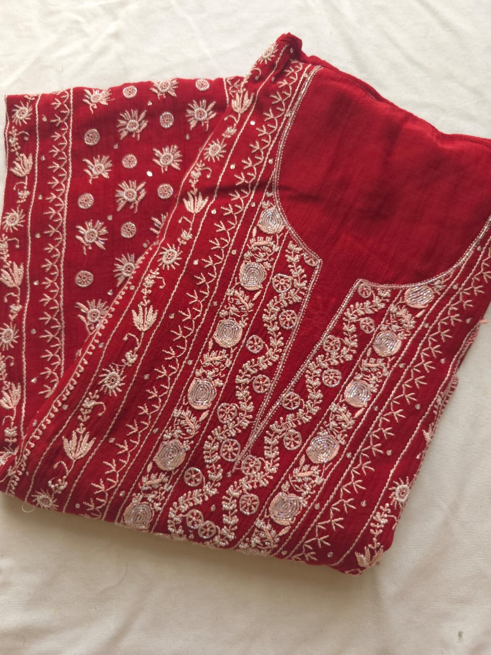Deep Blood Red semistitched Mul chanderi Kurta and Dupatta set with Embellishments