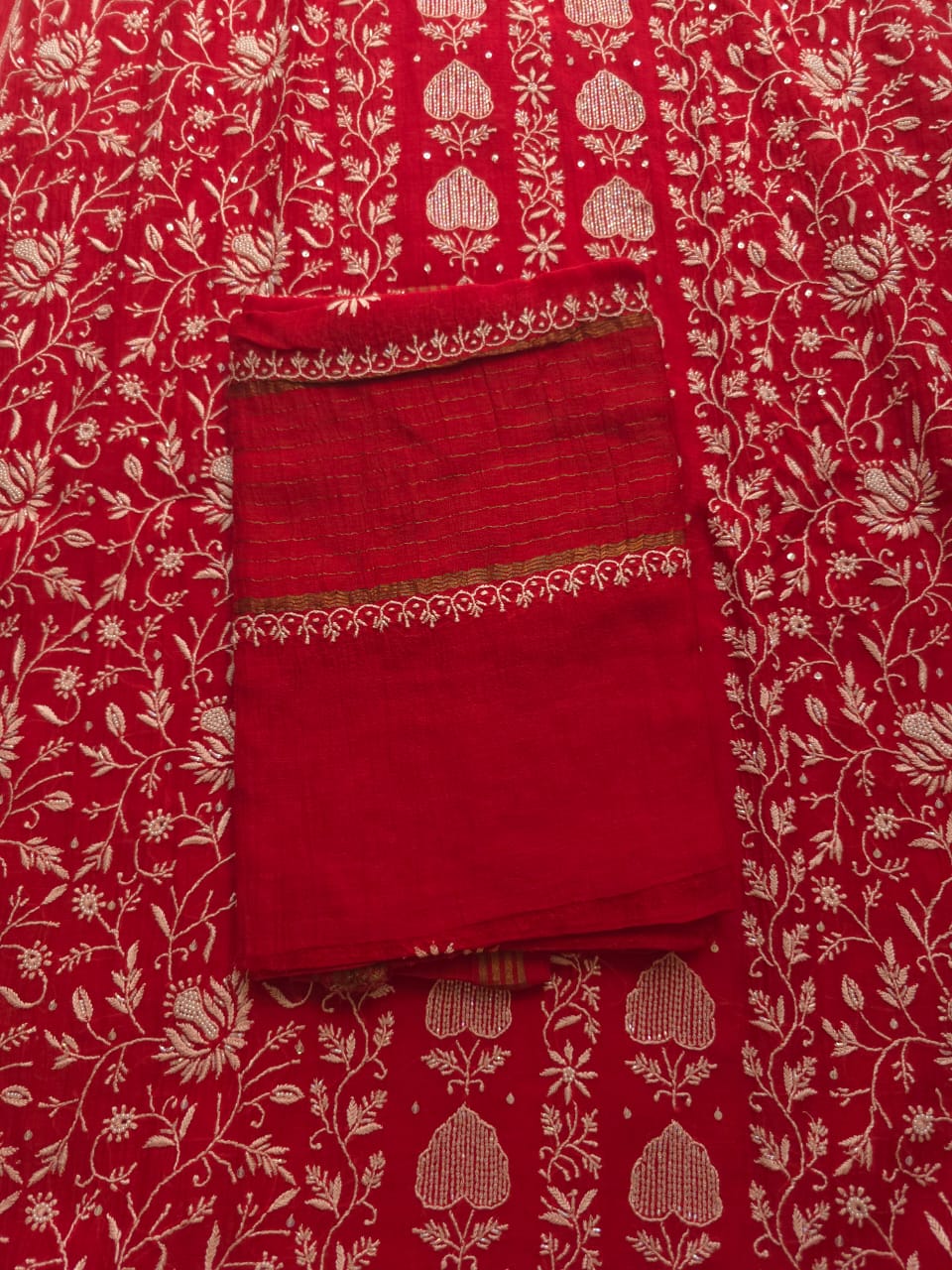 Deep Blood Red Chanderi Semistitched kurta dupatta set with chikankari and embellishments