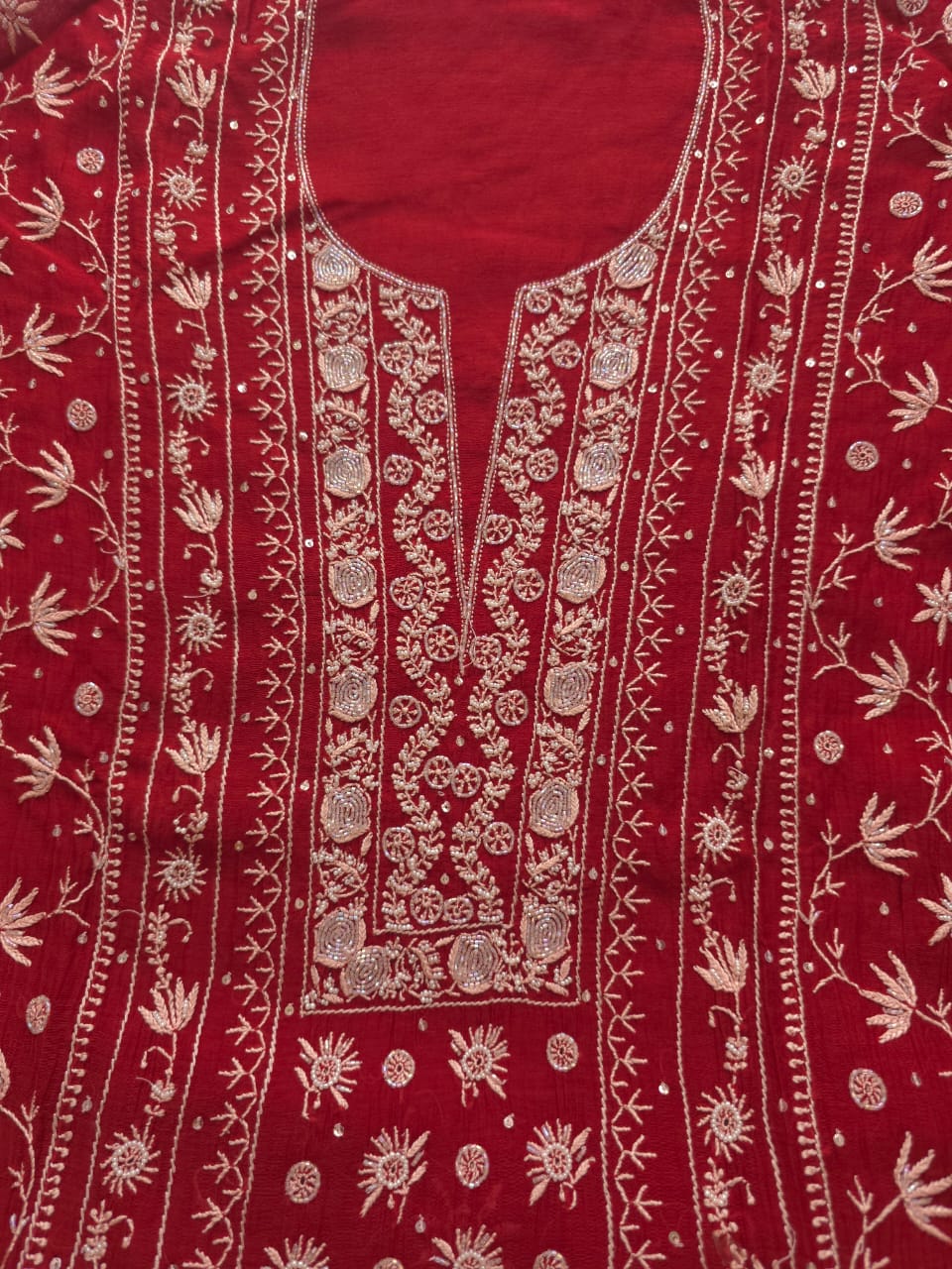 Deep Blood Red semistitched Mul chanderi Kurta and Dupatta set with Embellishments
