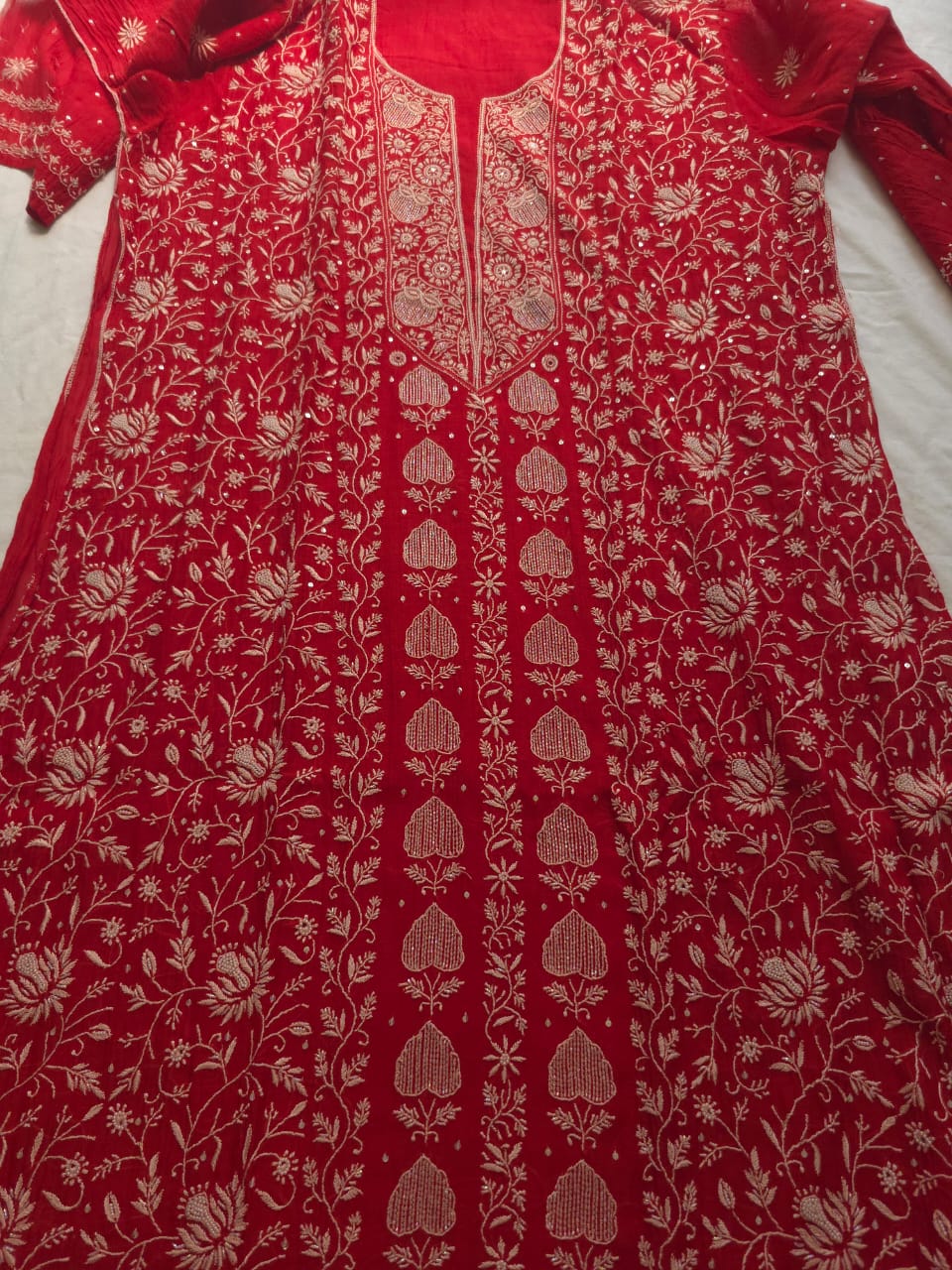 Deep Blood Red Chanderi Semistitched kurta dupatta set with chikankari and embellishments