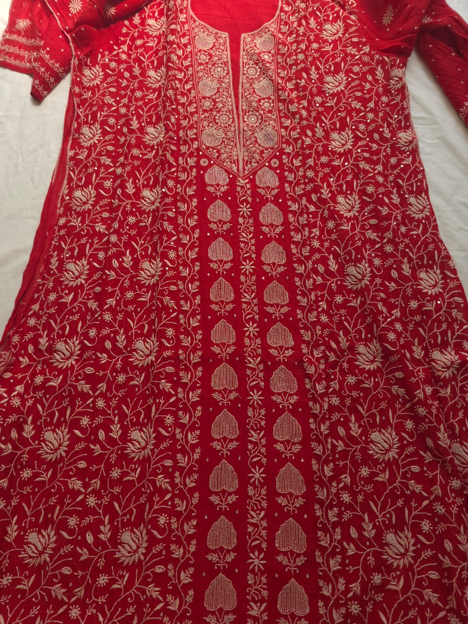 Deep Blood Red Chanderi Semistitched kurta dupatta set with chikankari and embellishments