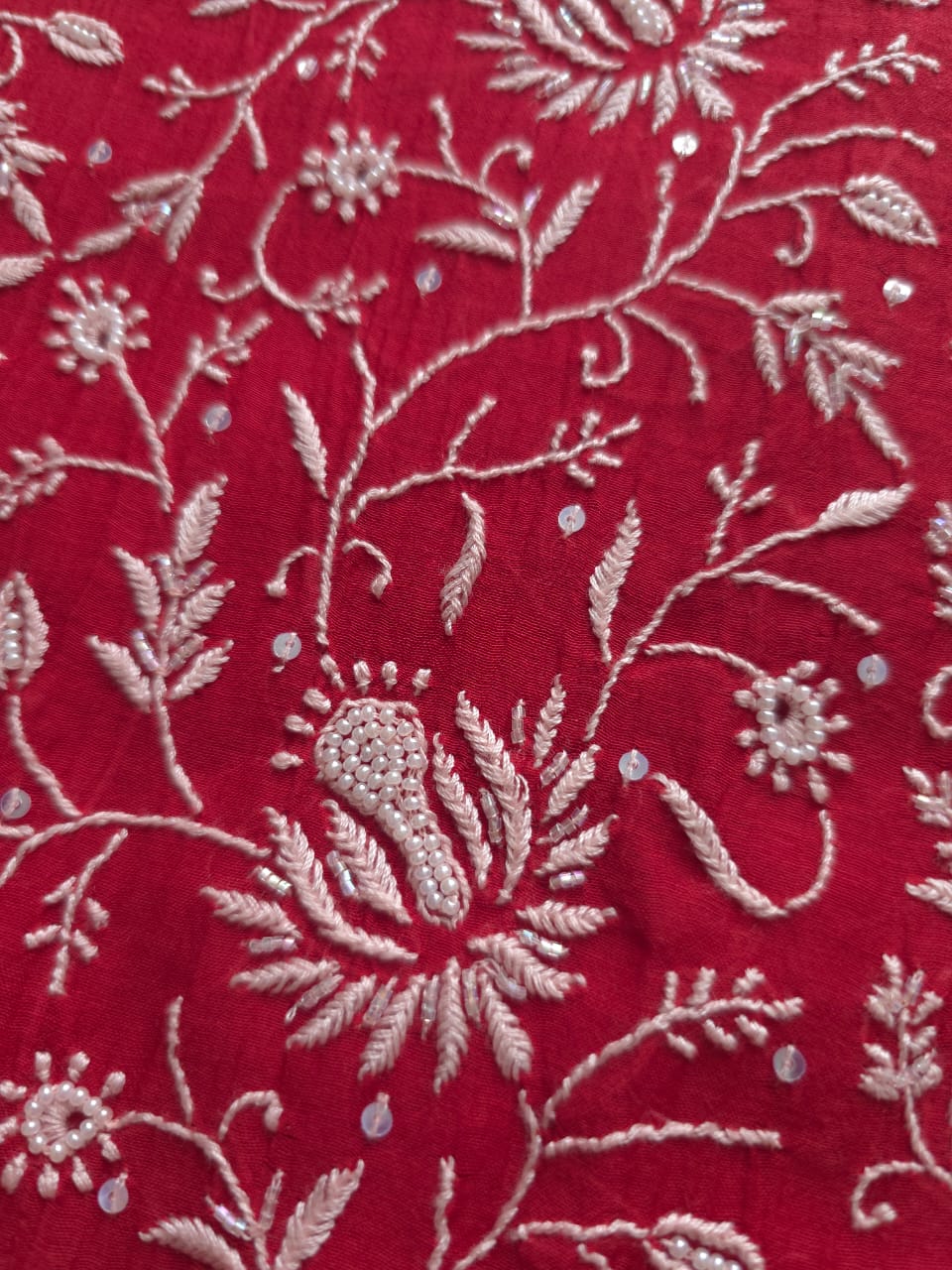 Deep Blood Red Chanderi Semistitched kurta dupatta set with chikankari and embellishments