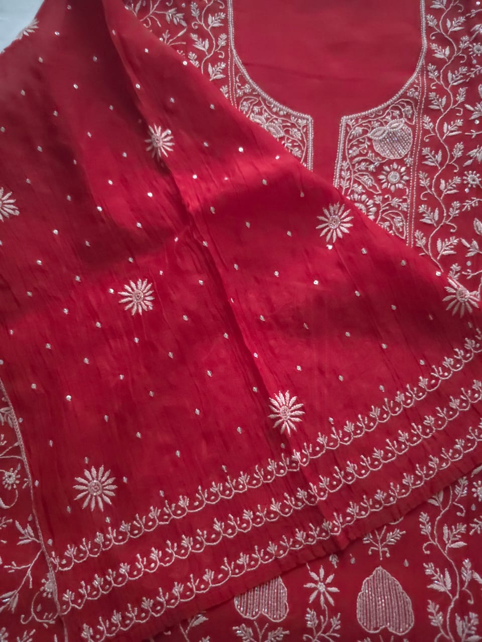 Deep Blood Red Chanderi Semistitched kurta dupatta set with chikankari and embellishments