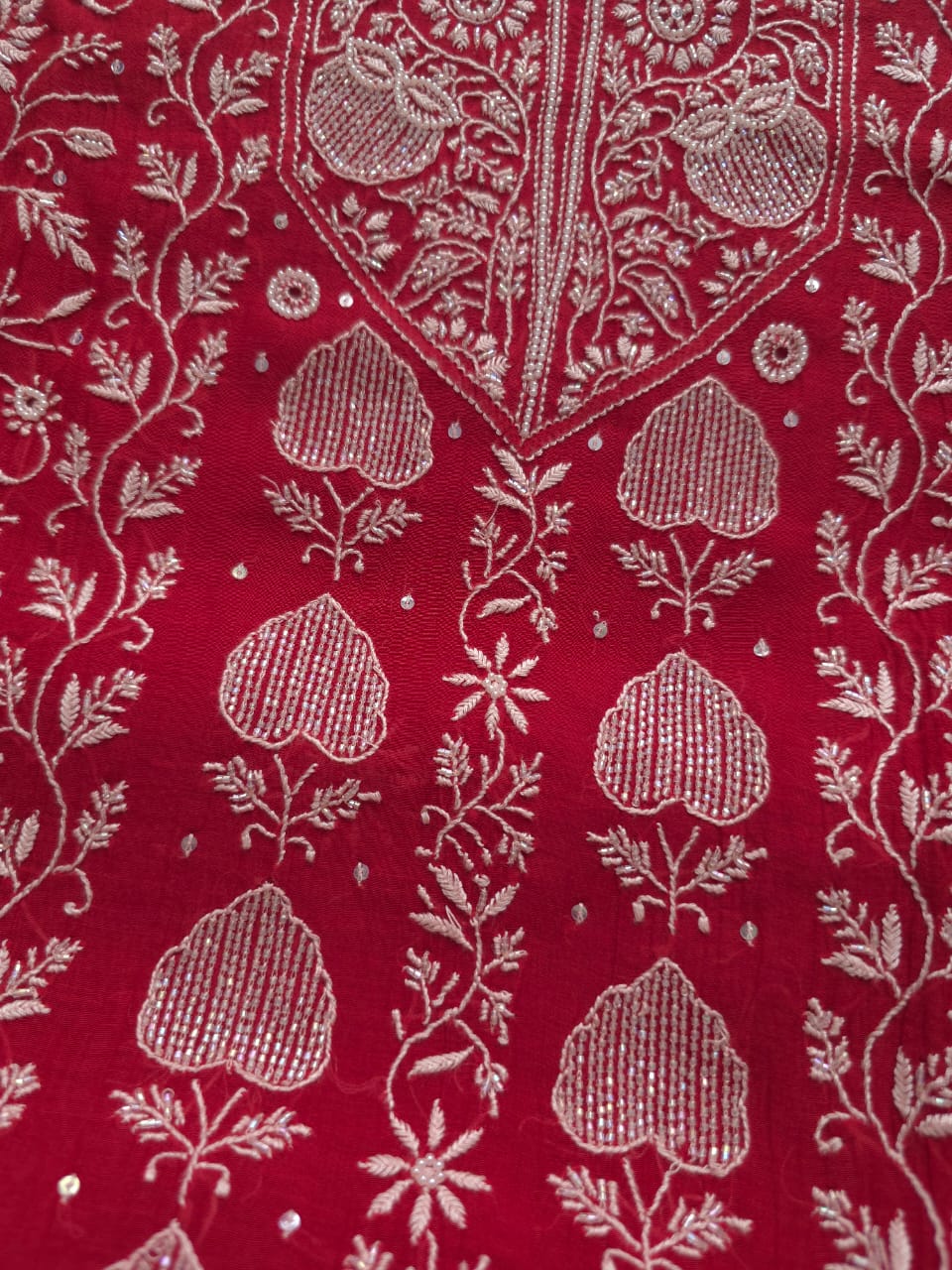 Deep Blood Red Chanderi Semistitched kurta dupatta set with chikankari and embellishments