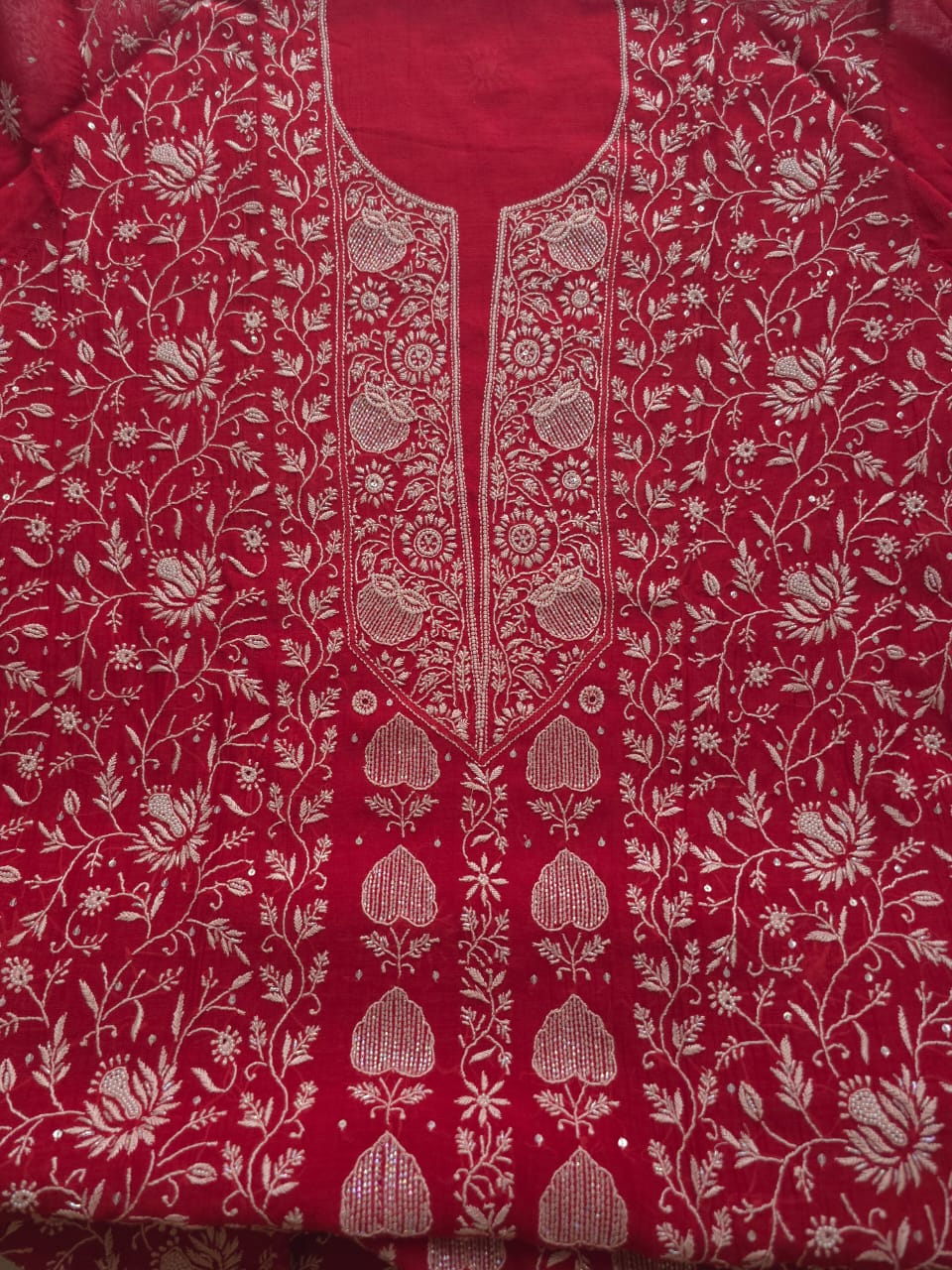 Deep Blood Red Chanderi Semistitched kurta dupatta set with chikankari and embellishments