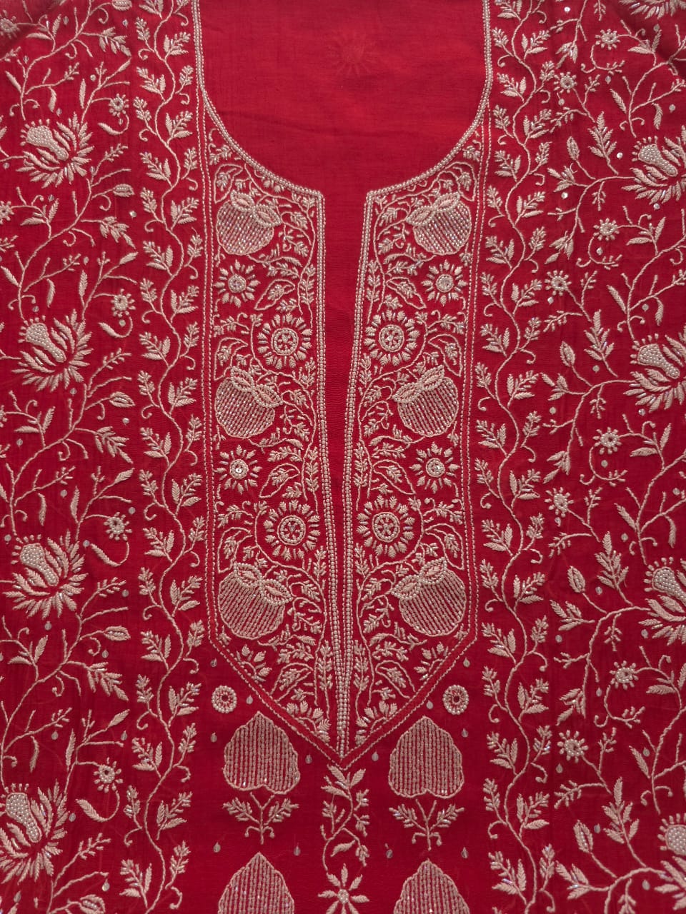 Deep Blood Red Chanderi Semistitched kurta dupatta set with chikankari and embellishments