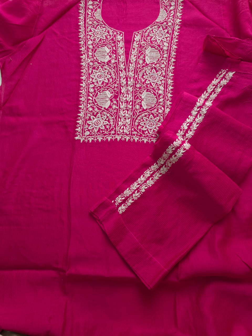 Rani Pink Maheshwari Chanderi Coord set with pearl cutdana