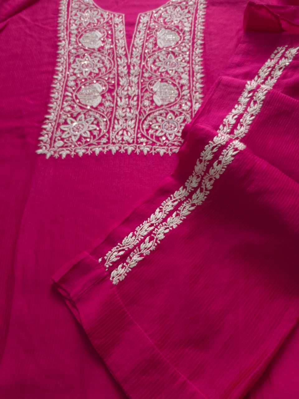 Rani Pink Maheshwari Chanderi Coord set with pearl cutdana