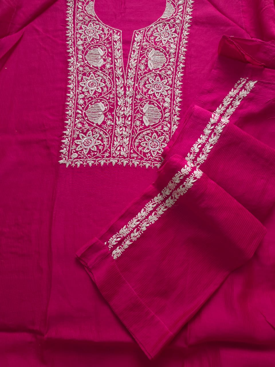 Rani Pink Maheshwari Chanderi Coord set with pearl cutdana
