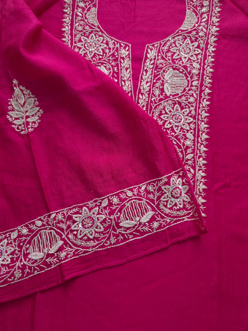 Rani Pink Maheshwari Chanderi Coord set with pearl cutdana