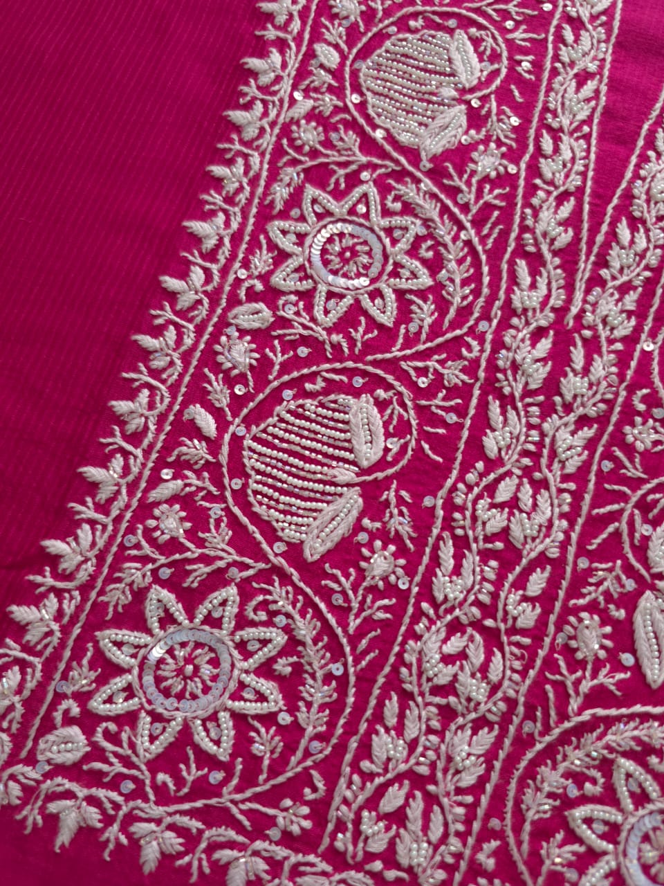 Rani Pink Maheshwari Chanderi Coord set with pearl cutdana