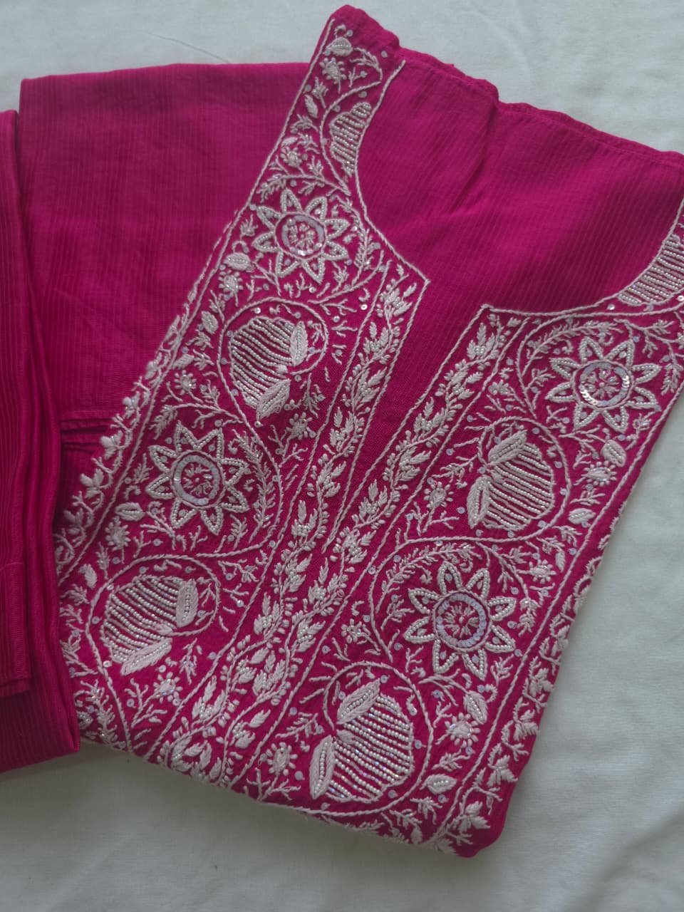 Rani Pink Maheshwari Chanderi Coord set with pearl cutdana