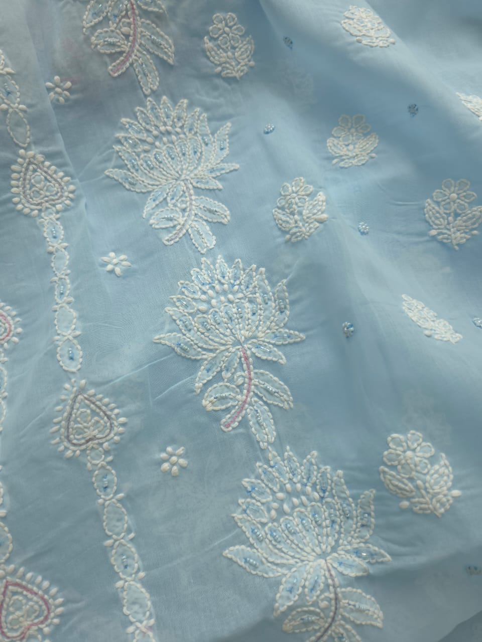 Powder Blue cotton full suit with handwork and embellishments