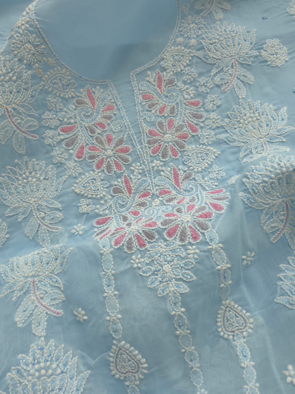 Powder Blue cotton full suit with handwork and embellishments