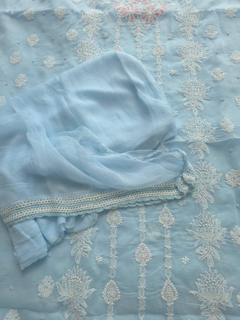 Powder Blue cotton full suit with handwork and embellishments